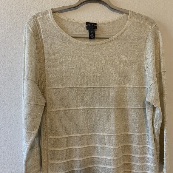 Chico's Travelers Sz Large Gold Shimmer Metallic Stretch Tunic Pullover Sweater - Picture 2 of 5